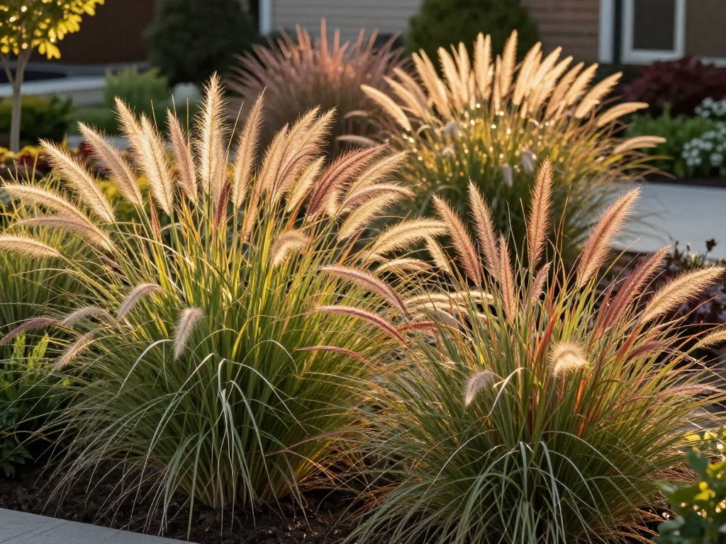 Ornamental grasses adding movement and texture to a front yard landscape