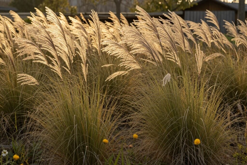 Ornamental grasses catching golden light in a rustic landscape setting with their seed heads swaying in the breeze
