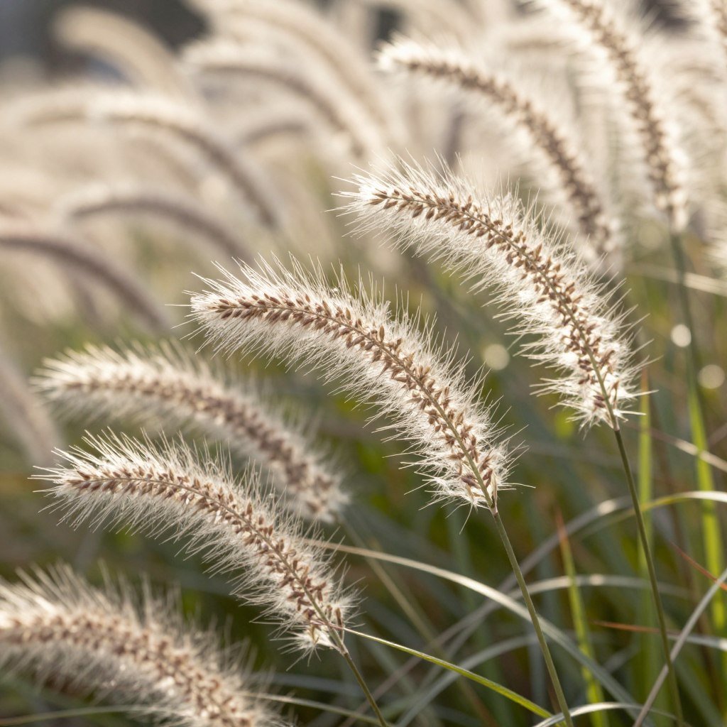 Ornamental grasses with distinctive seed heads providing texture, movement, and year-round interest Ornamental grasses with distinctive seed heads providing texture, movement, and year-round interest