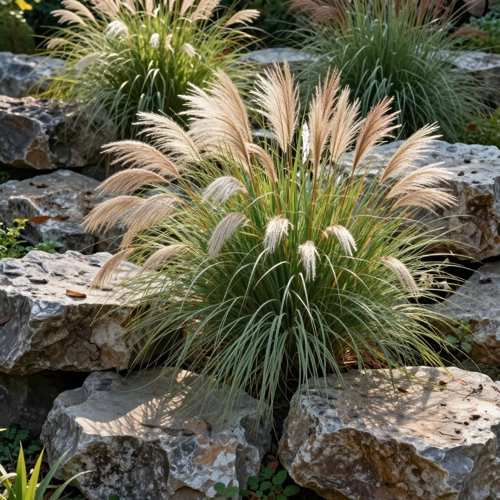 Ornamental grasses with flowing seed heads contrasting with solid rocks