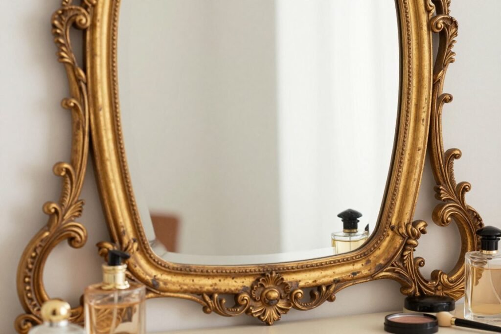 Ornate vintage vanity mirror with beveled edges and intricate frame details exemplifying vintage vanity aesthetic