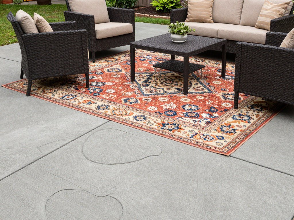 Outdoor area rug defining conversation space on stamped concrete patio Outdoor area rug defining conversation space on stamped concrete patio