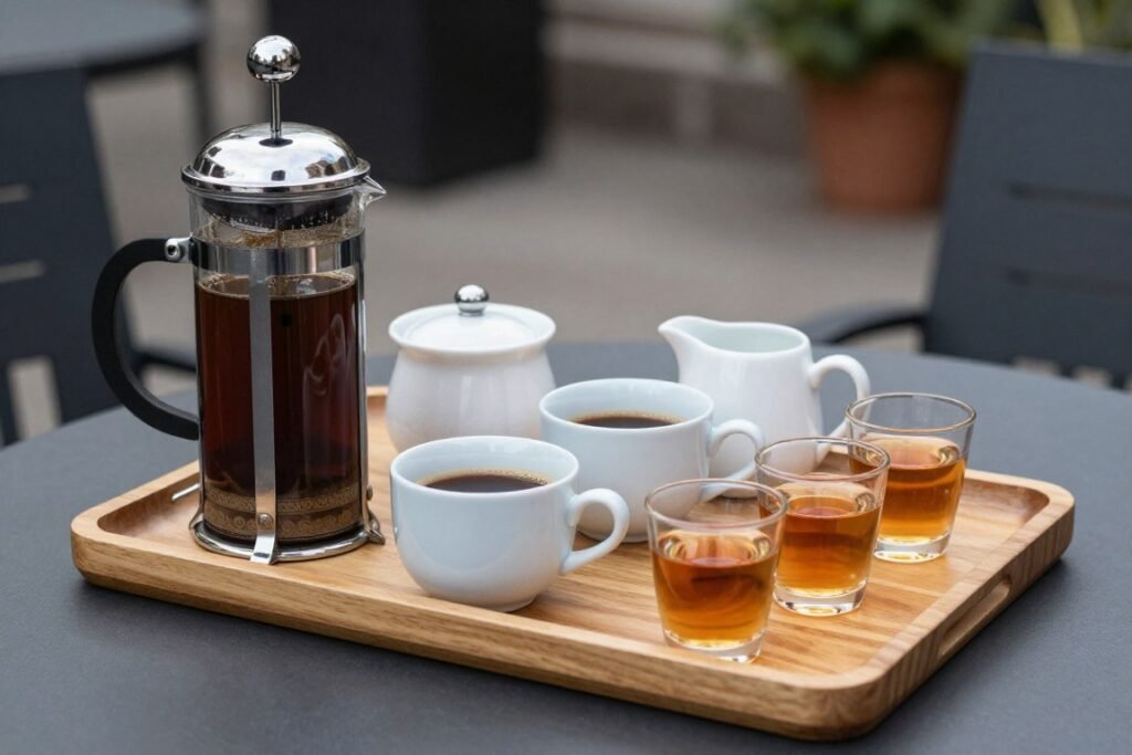 Outdoor coffee service with French press, cups, and small glasses of digestifs