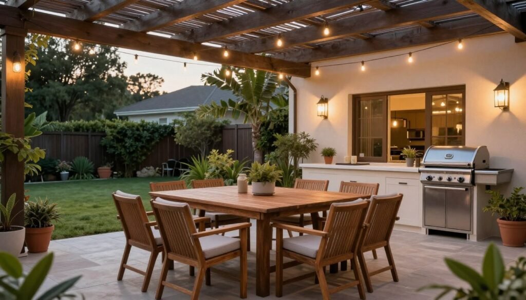 Outdoor dining and entertaining patio with table, chairs, and string lights