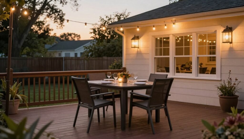 Outdoor dining area on a backyard deck with table, chairs, and ambient lighting