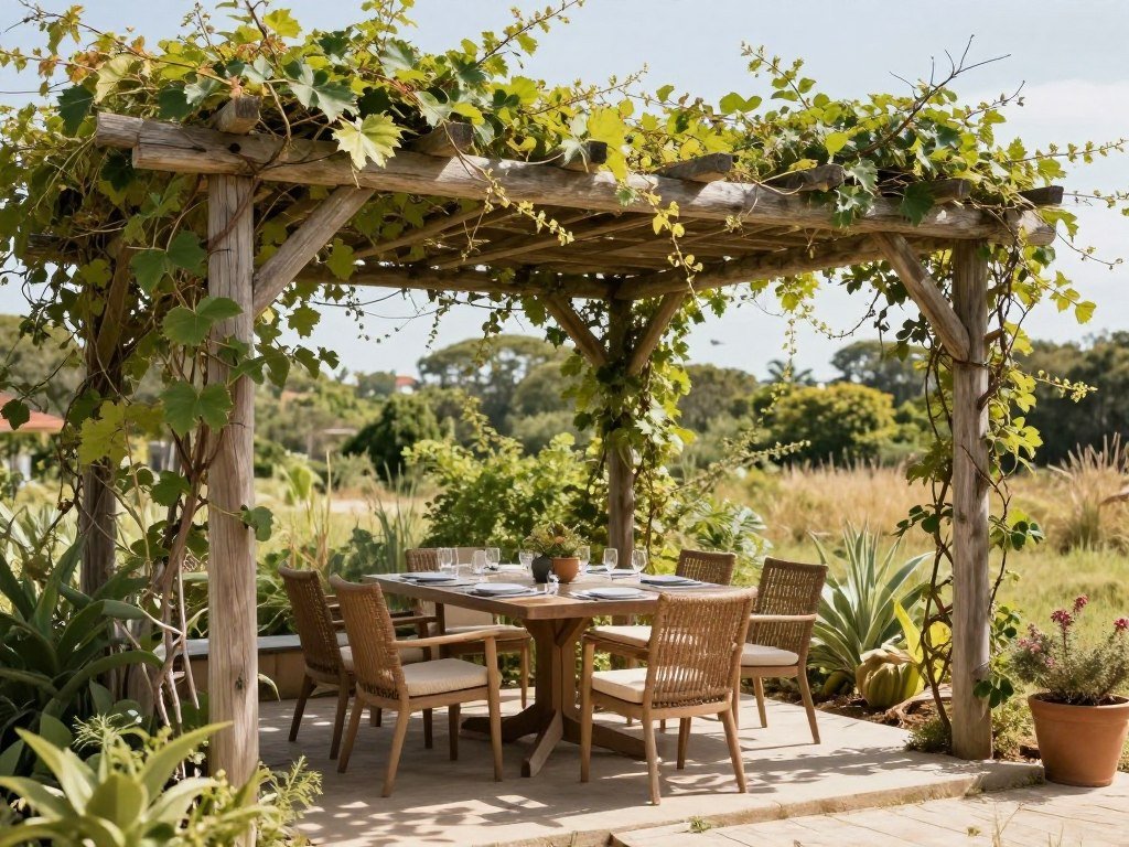 Outdoor dining area under a wooden pergola with climbing plants providing natural shade