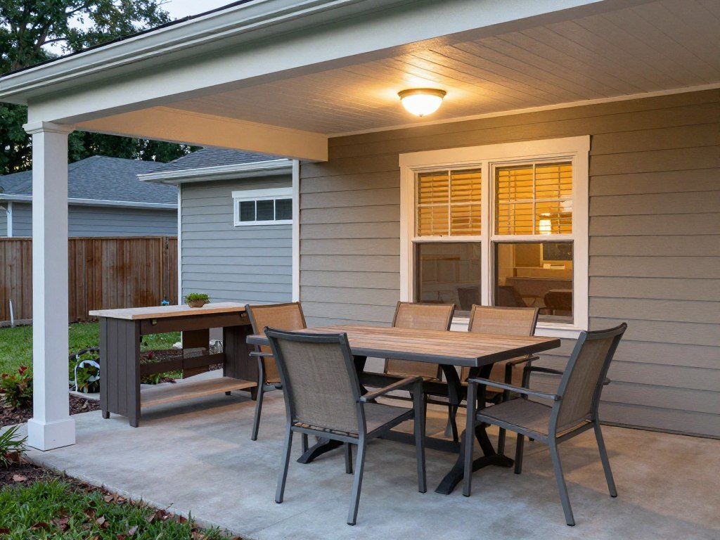 Outdoor dining area under covered patio