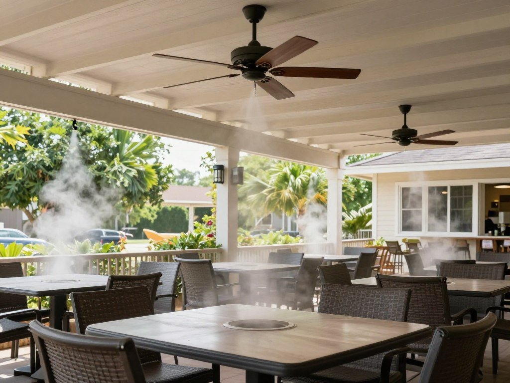 Outdoor dining area with ceiling fans and misters creating a cool environment in hot weather