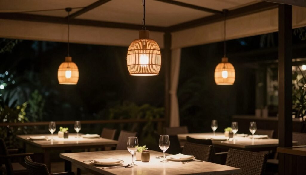 Outdoor dining area with hanging pendant lights over a table