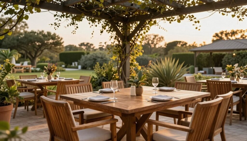 Outdoor dining area with large table, comfortable chairs and overhead pergola Outdoor dining area with large table, comfortable chairs and overhead pergola