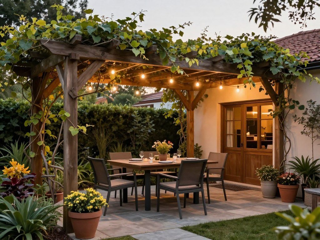 Outdoor dining area with pergola, table and chairs, and ambient lighting for evening enjoyment Outdoor dining area with pergola, table and chairs, and ambient lighting for evening enjoyment