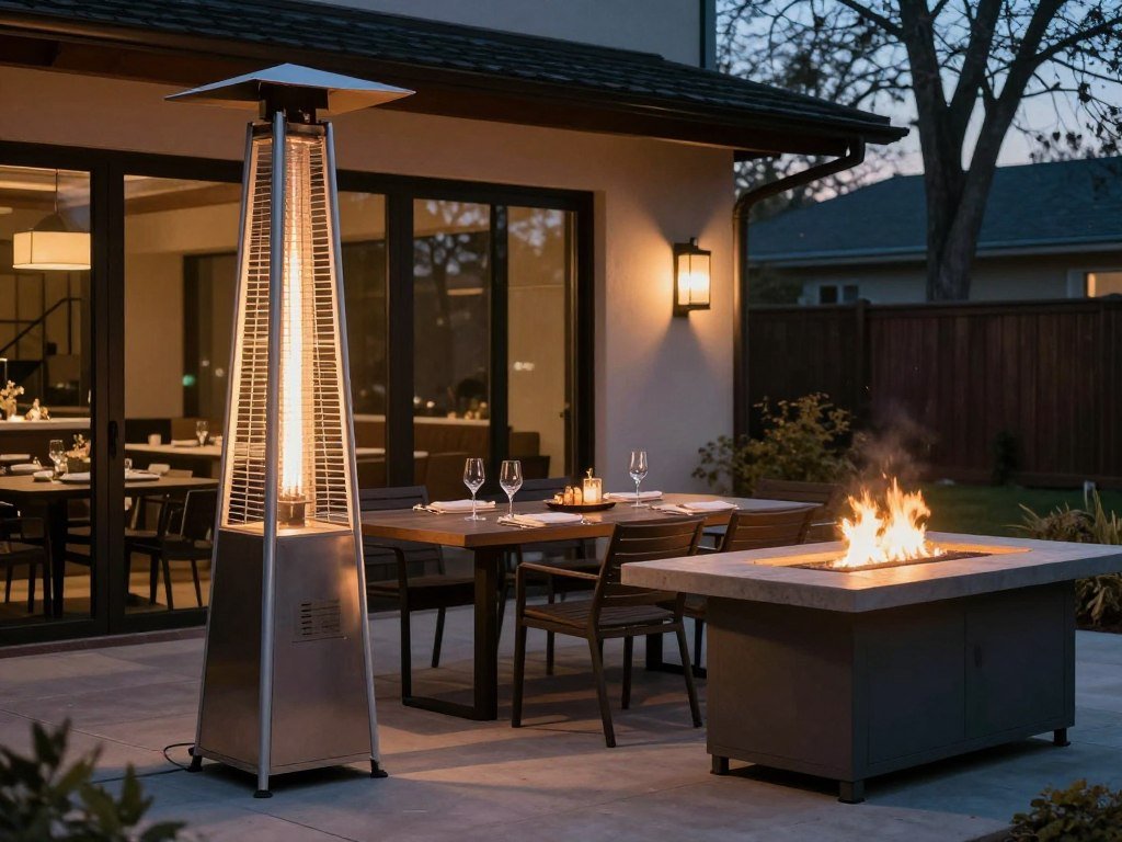 Outdoor dining area with propane heater and fire table providing warmth for evening dining
