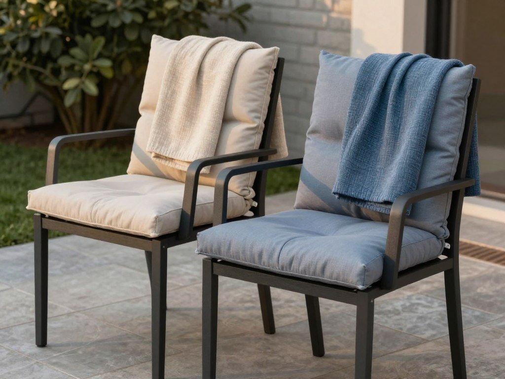 Outdoor dining chairs with comfortable cushions and draped lightweight throws for evening comfort