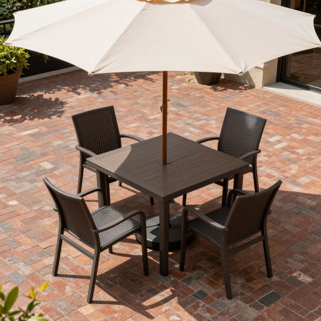 Outdoor dining set on brick patio with umbrella