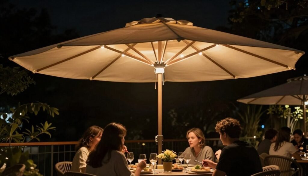 Outdoor dining table with illuminated patio umbrella providing overhead light