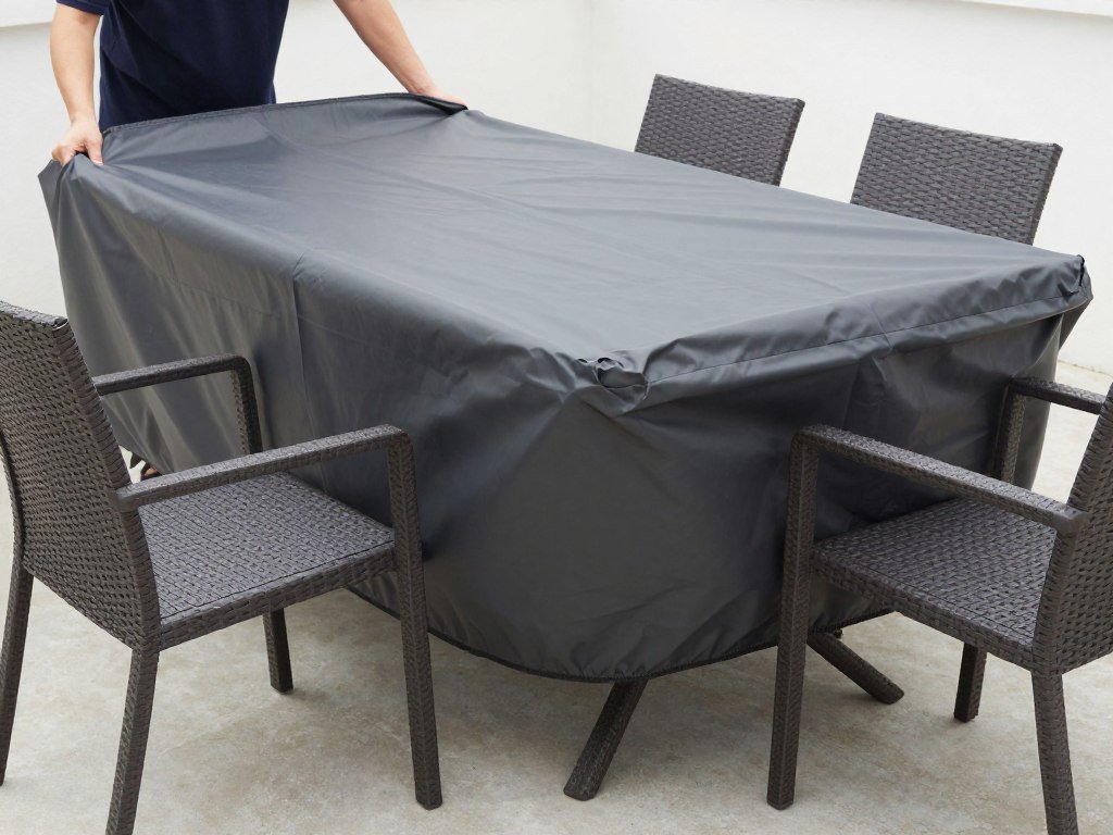 Outdoor dining table with protective cover being placed over it