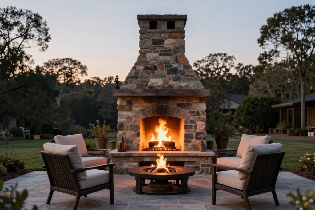 Outdoor fireplace as a dramatic focal point on a stone patio Outdoor fireplace as a dramatic focal point on a stone patio