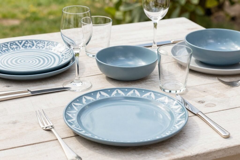 Outdoor-friendly dinnerware, glassware, and serving pieces in durable materials