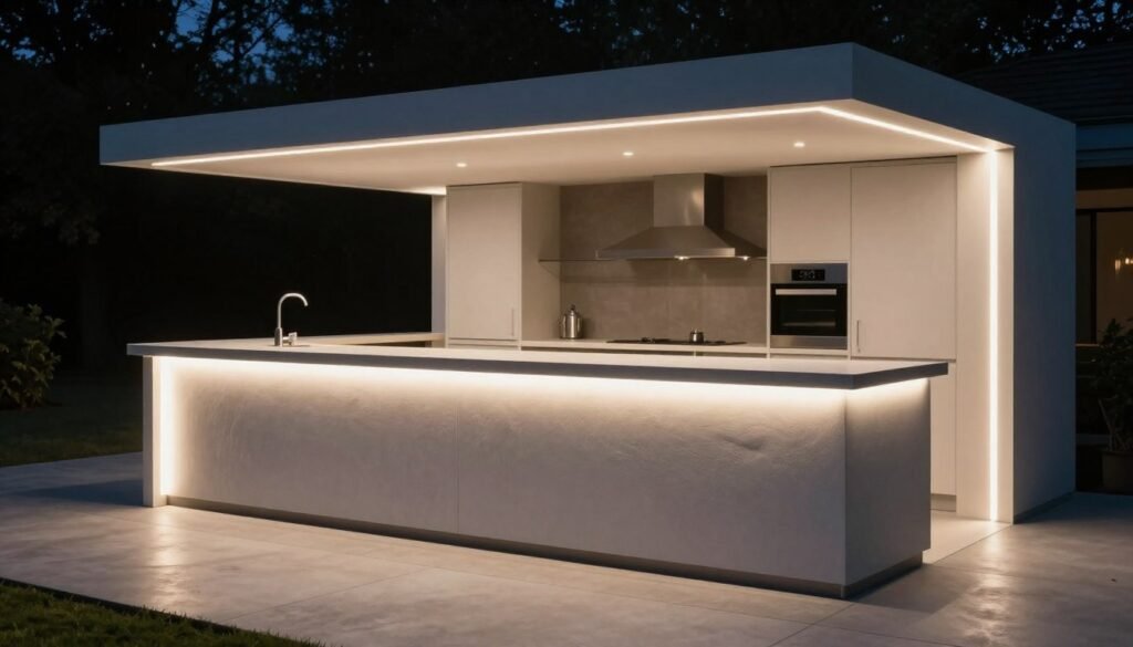 Outdoor kitchen and bar area with LED strip lights under counters