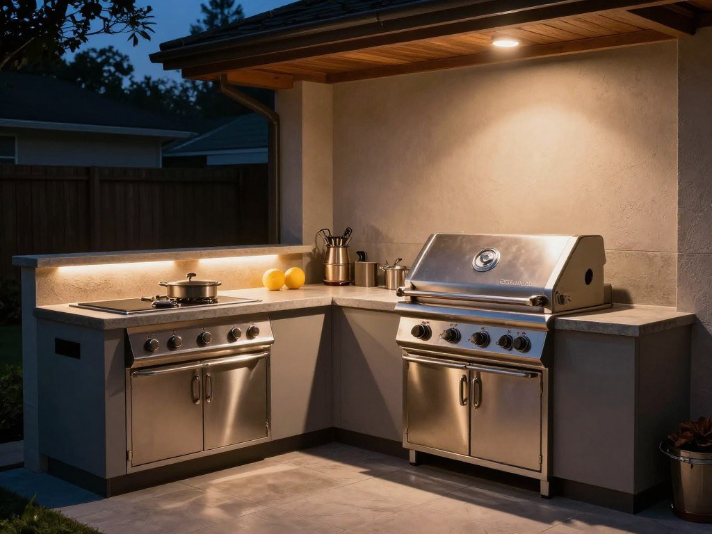Outdoor kitchen and grill area with task lighting for cooking and entertaining