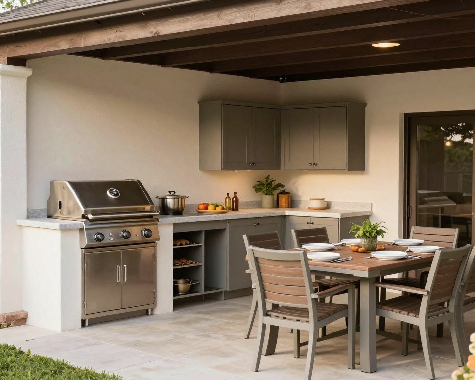 Outdoor kitchen with built-in grill, countertop space and adjacent dining area