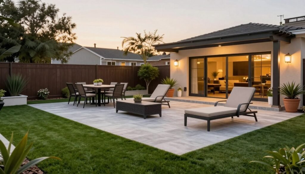 Outdoor living area with paver patio surrounded by artificial turf