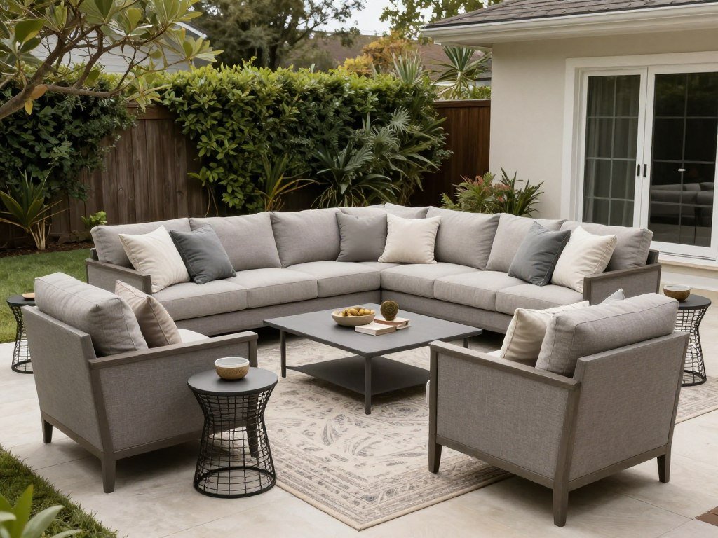 Outdoor living room setup with deep-cushioned furniture, outdoor rug, and accent tables in a cozy backyard setting