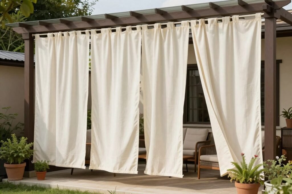 Outdoor patio with drop cloth curtains providing privacy and shade