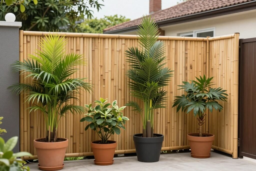 Outdoor privacy screen made from bamboo and potted plants