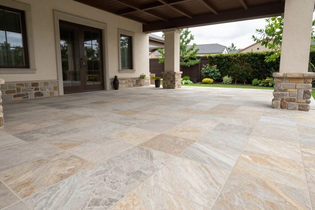 Outdoor-rated tile flooring on covered patio