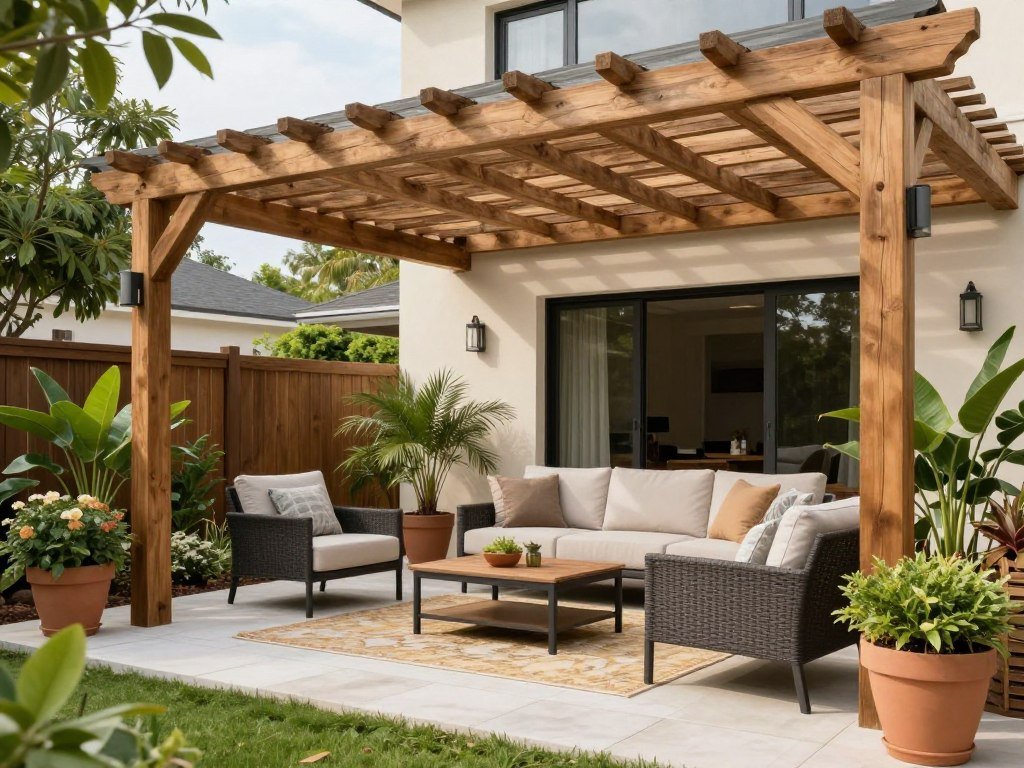 Outdoor room in a large backyard with pergola, comfortable furniture, and container plants creating a defined space