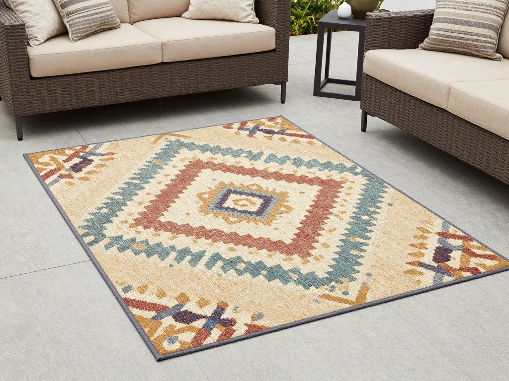 Outdoor rug defining a seating area and adding comfort underfoot Outdoor rug defining a seating area and adding comfort underfoot