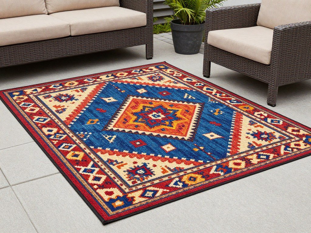 Outdoor rug defining a seating area on a patio