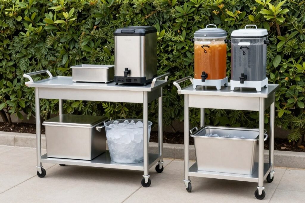 Outdoor serving carts, beverage dispensers, and other dining convenience items