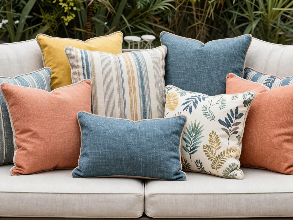 Outdoor sofa with an array of colorful, weather-resistant pillows in various patterns and textures