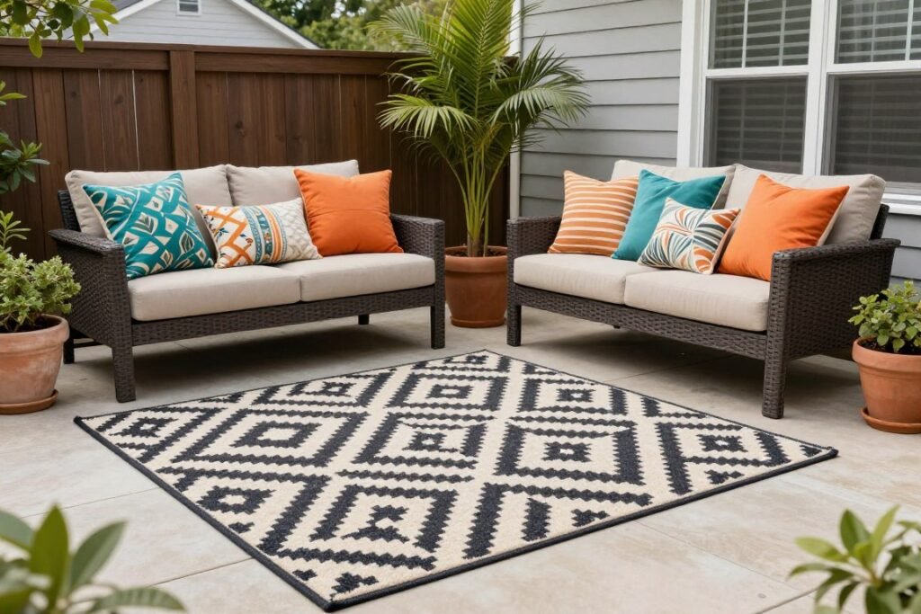 Outdoor space with colorful weather-resistant pillows and an outdoor rug defining a seating area Outdoor space with colorful weather-resistant pillows and an outdoor rug defining a seating area