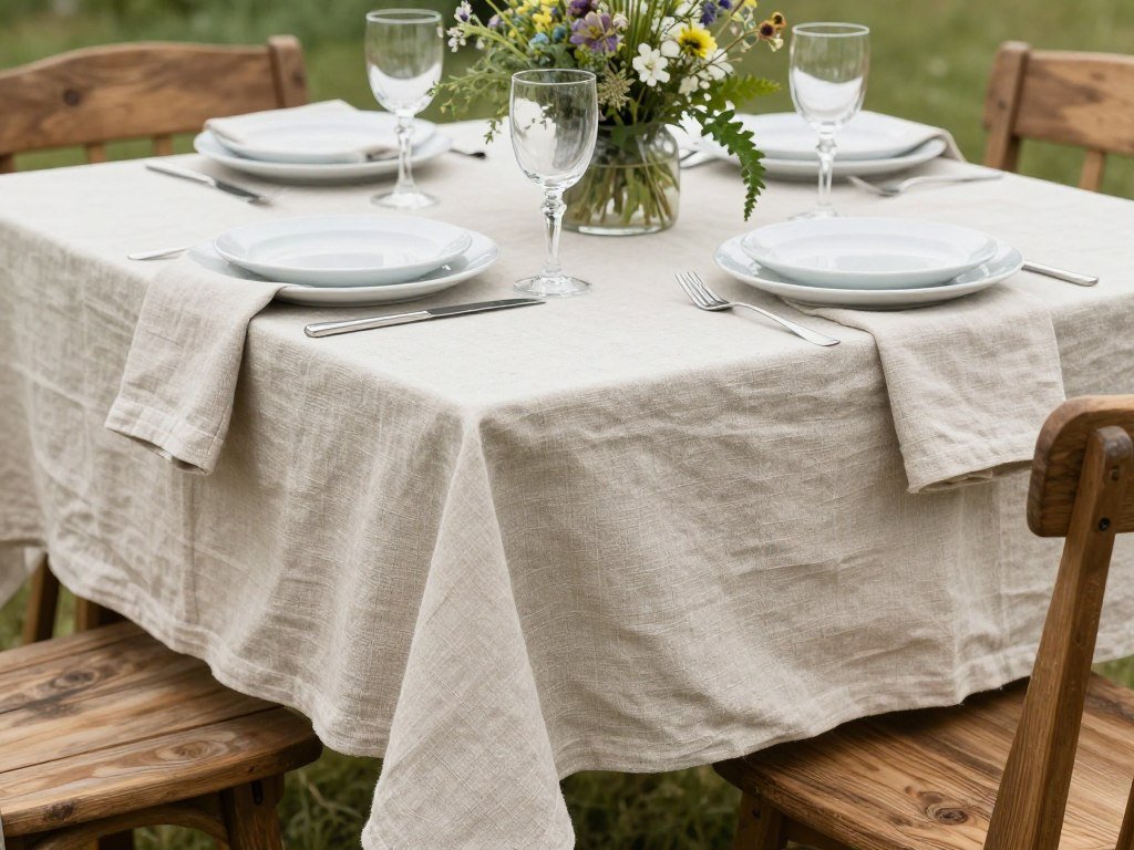Outdoor table with a beautiful linen tablecloth and table runner in natural tones