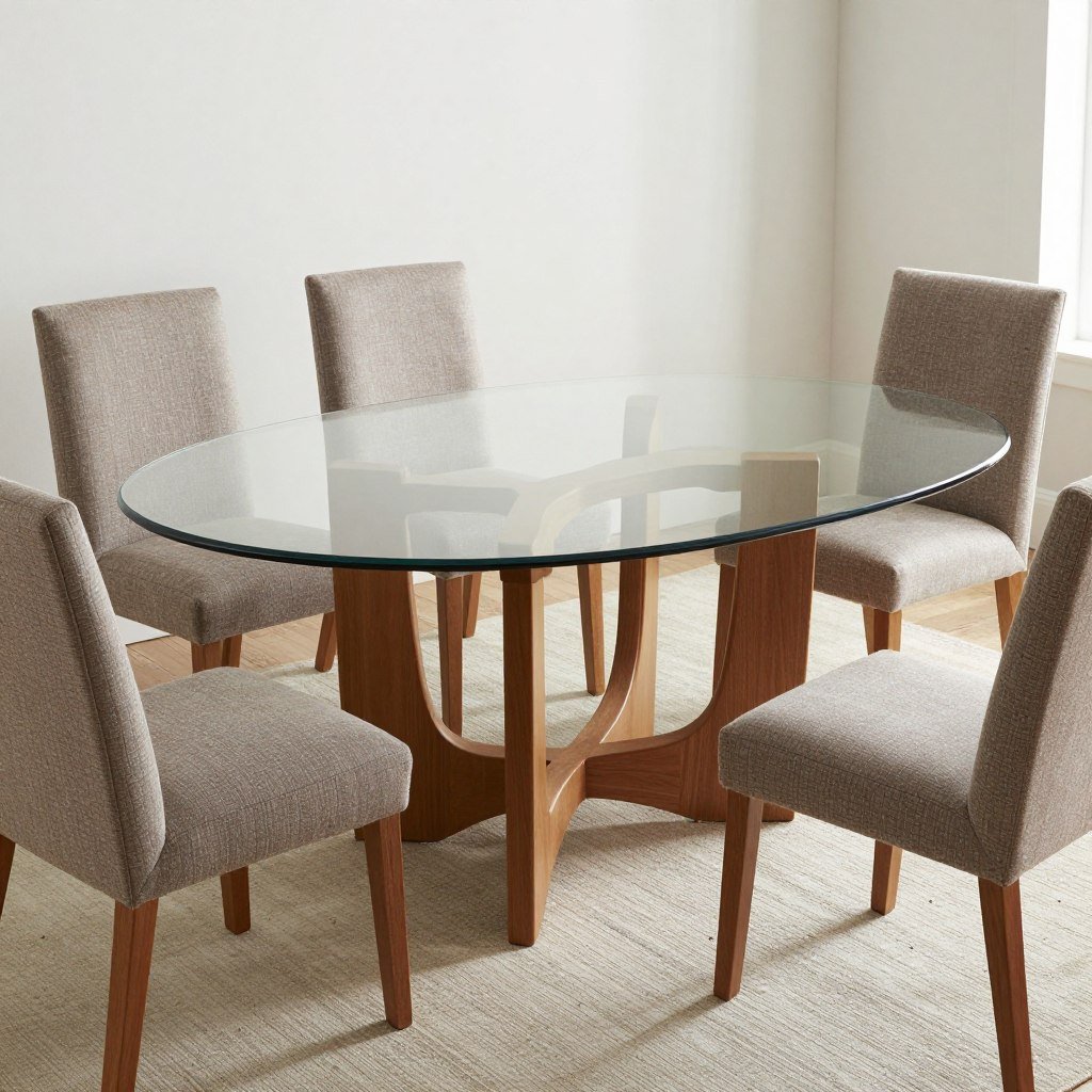 Oval glass dining table creating a softer look in a transitional dining space