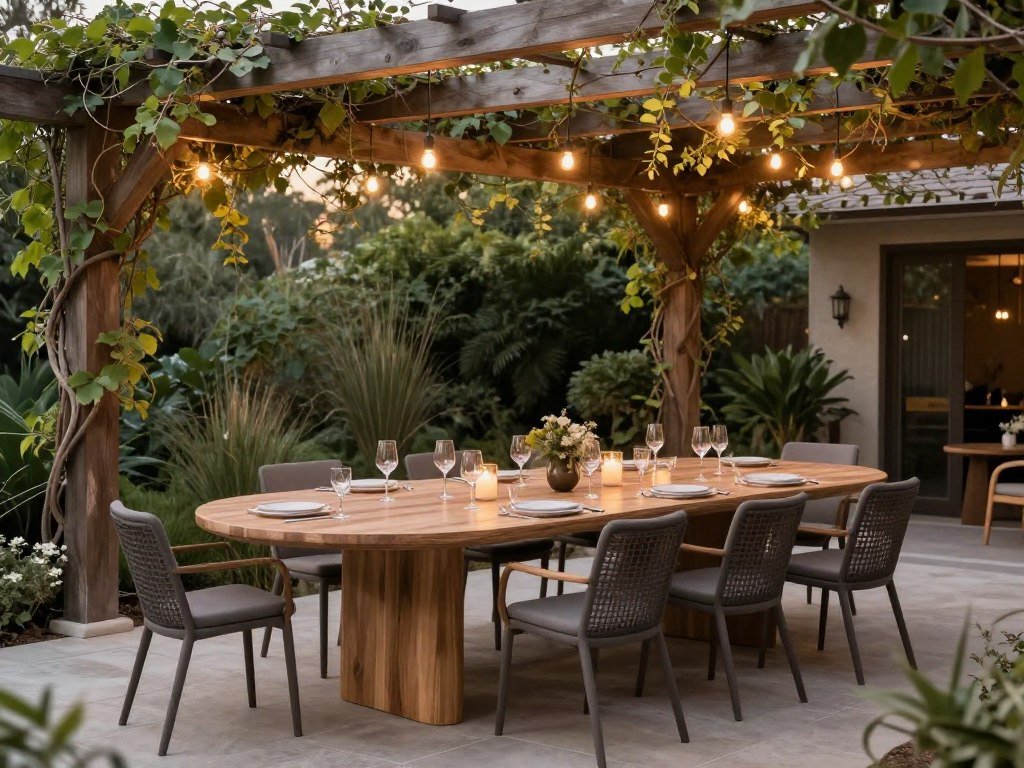 Oval outdoor dining table under a pergola