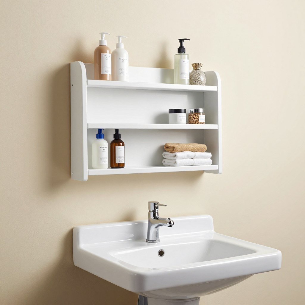 Over-the-sink shelving unit adding storage to a small vanity