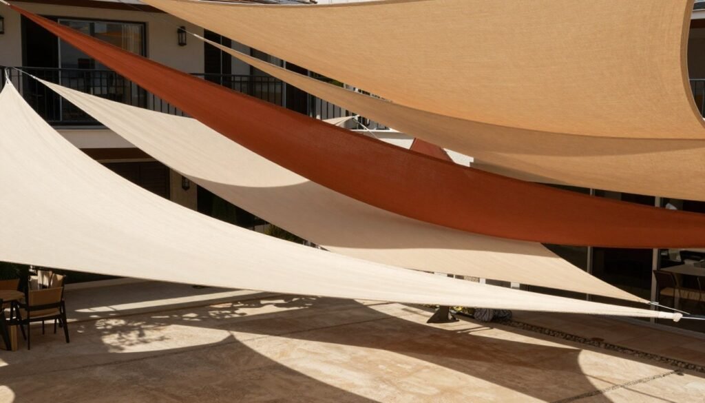 Overlapping triangular shade sails providing backyard privacy from above