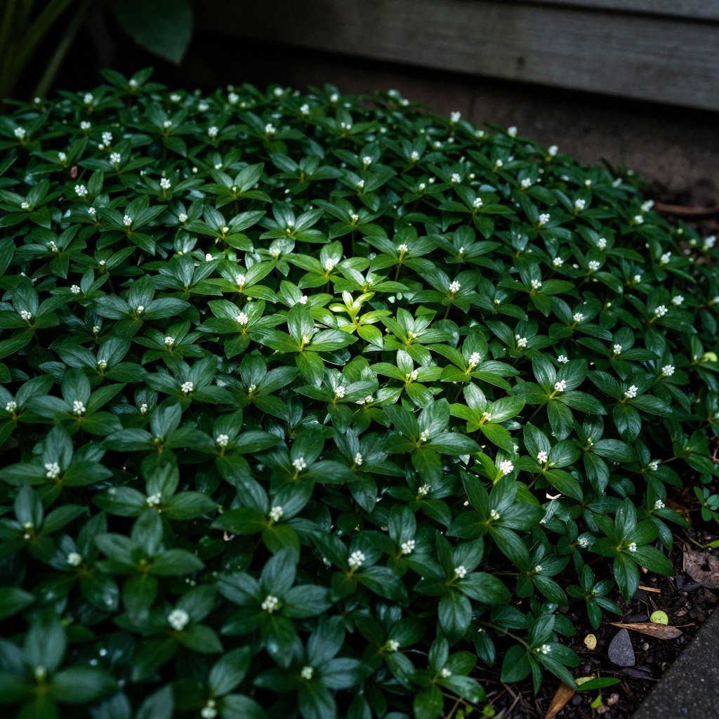 Pachysandra ground cover creating a lush carpet under trees in a shaded area Pachysandra ground cover creating a lush carpet under trees in a shaded area
