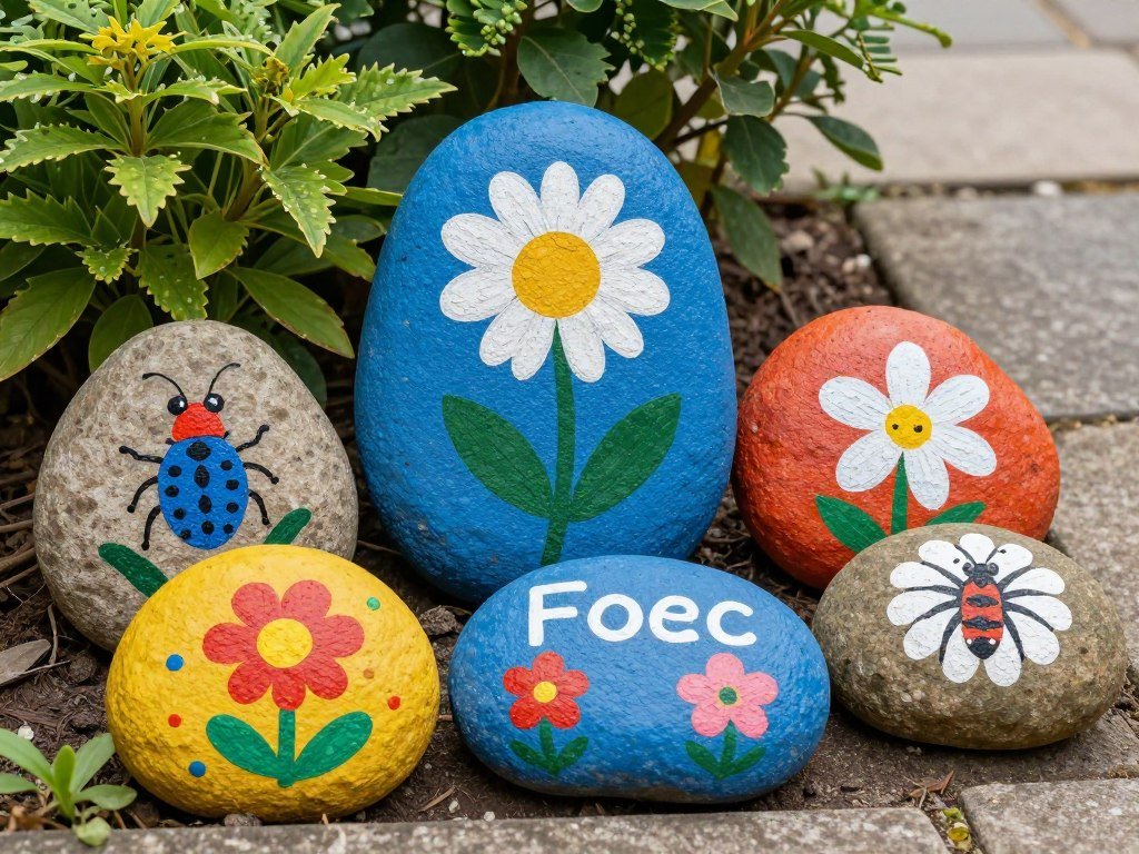 Painted garden rocks as colorful decorative elements