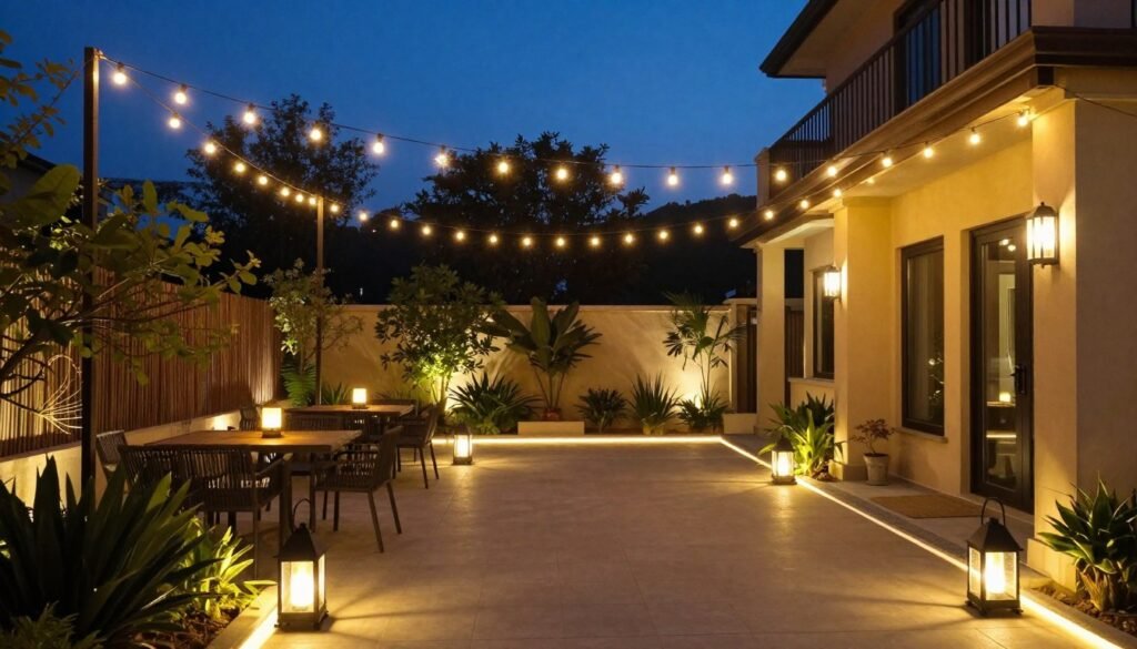Patio at dusk with layered lighting including string lights, lanterns, and pathway lights Patio at dusk with layered lighting including string lights, lanterns, and pathway lights