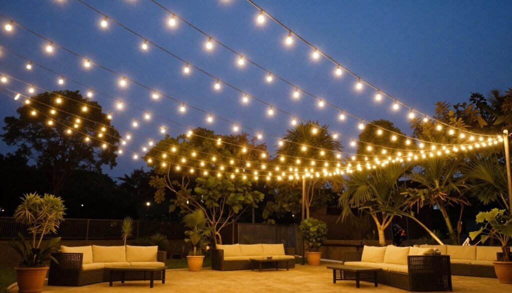 Patio at dusk with string lights creating a warm ambiance Patio at dusk with string lights creating a warm ambiance