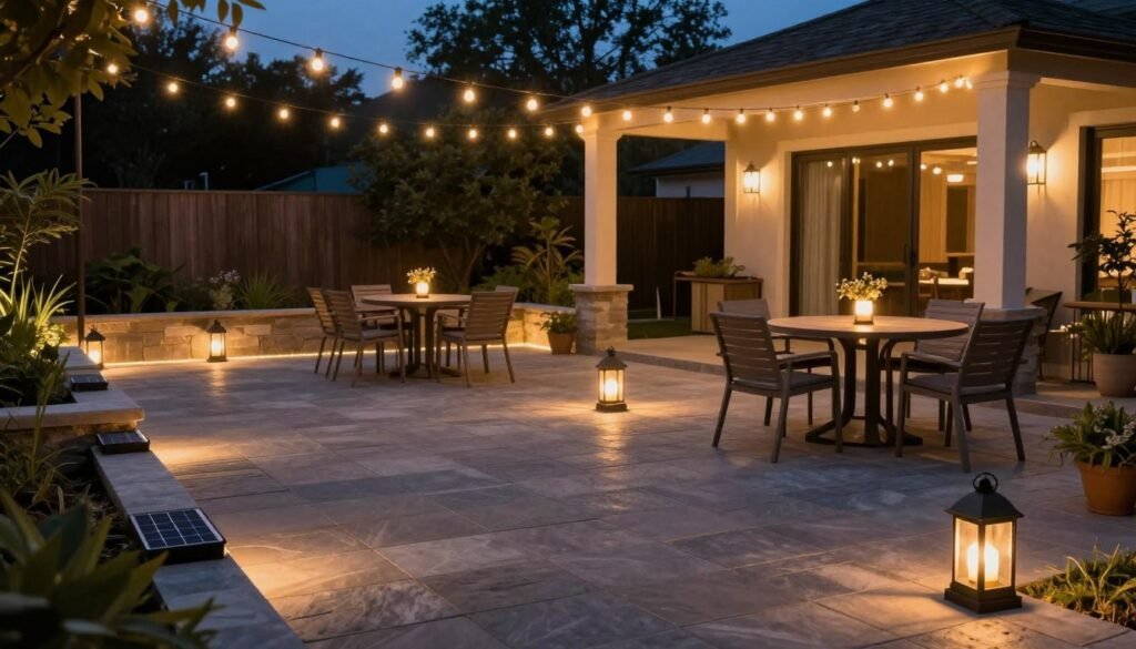 Patio at dusk with string lights, lanterns, and solar lighting creating ambiance
