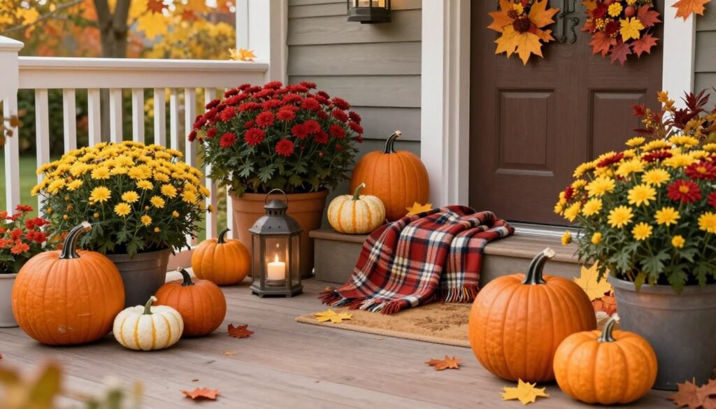 Patio decorated for fall with autumn colors and seasonal elements