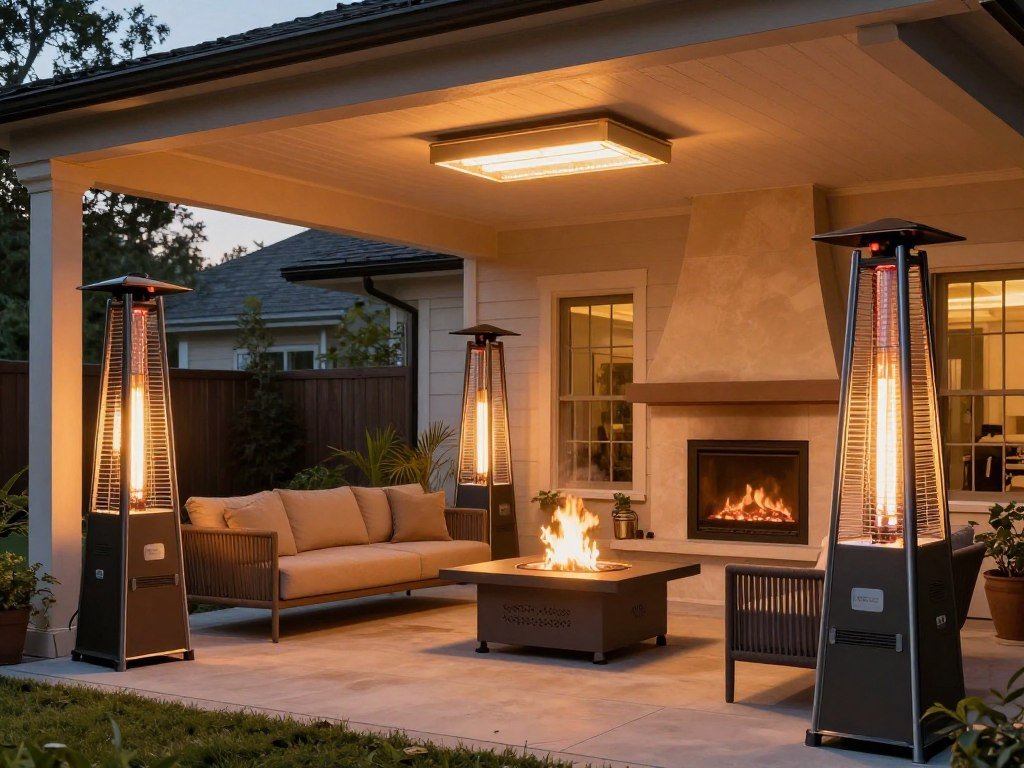 Patio heater and fire table on covered patio