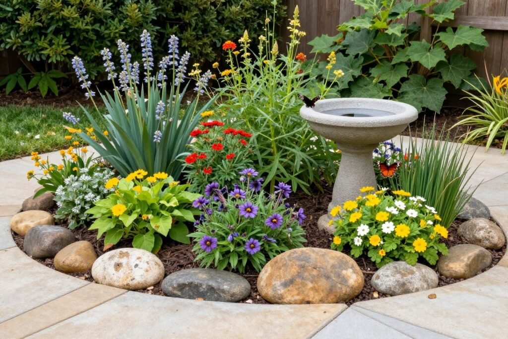 Patio landscape designed to attract butterflies, birds, and beneficial insects