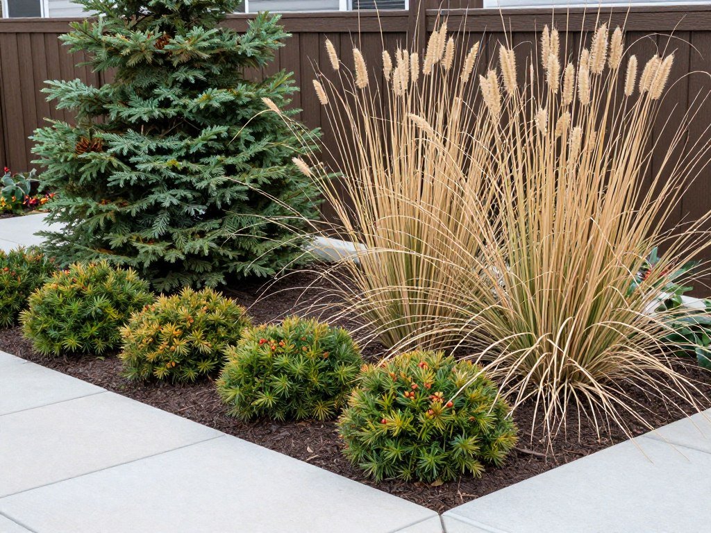 Patio landscape showing plants with four-season interest